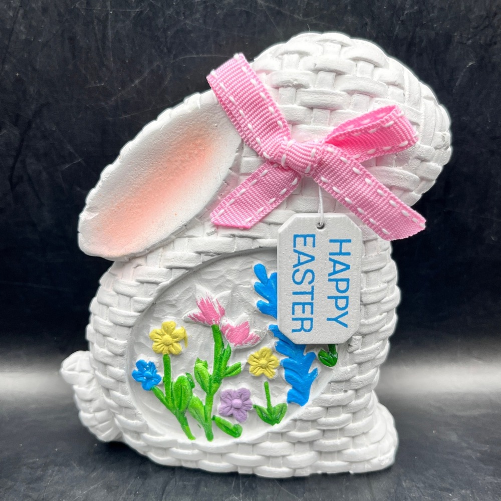White Basketweave Easter Bunny Figurine Resin Pink Bow Floral Design 5" x 4"‎